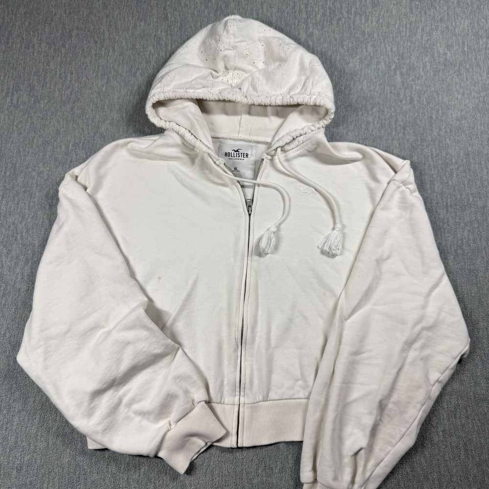Hollister Hoodie Womens‎ XL White Full Zip Cropped Eyelet Hood Tassel Sweatshirt